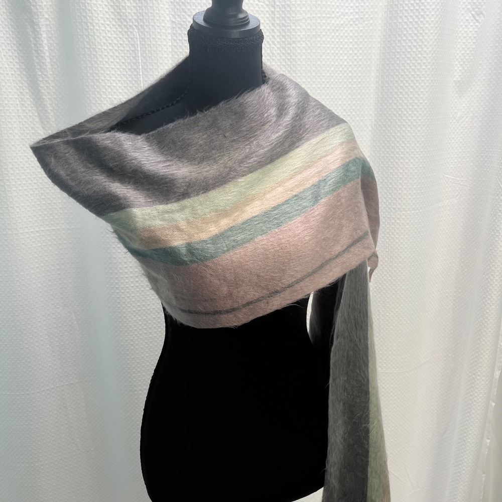 Shupaca Alpaca Blend Striped Shawl Wrap Handmade Ecuador Grey Pink Green Fringe